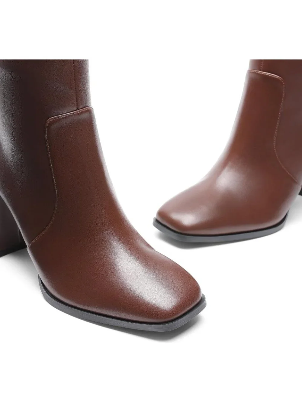 Women's Brown Chunky Block Heeled Square Toe Side Zipper Knee High Boots
